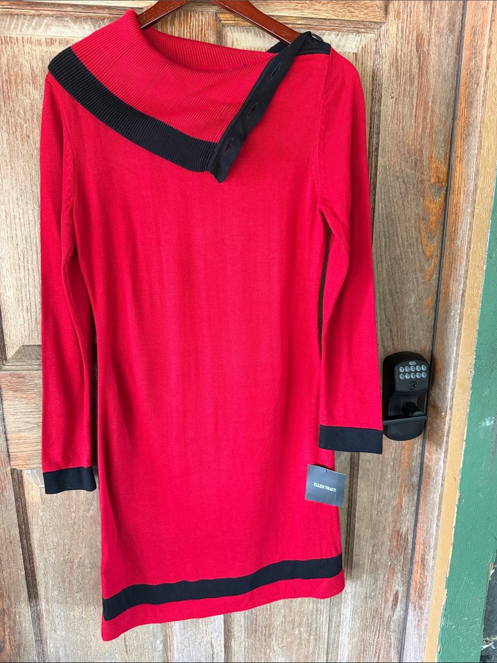 Ellen Tracy Red Off-the-Shoulder Sweater Dress with Black Trim